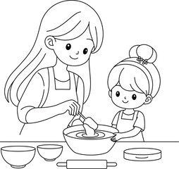 Mom and daughter are cooking together coloring page. Mother's Day hand drawn illustration colouring book for kids