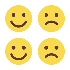 Smile and sad emoji icon in flat style. Happy and unhappy face emoticon concept