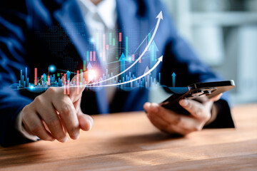 Businesswomen analyze virtual screens of graph stock market changes for trading, uptrends economy, business strategy development, find investment opportunities, financial concept.