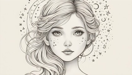 Craft a line art portrait of a girl with whimsical upscaled 3