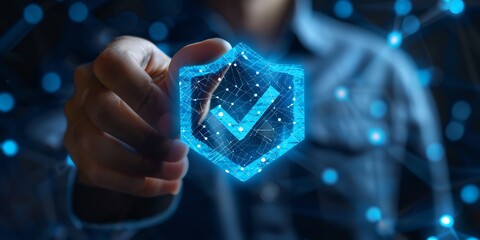 Blue check mark for compliance, certification or audit concept with a business man holding a digital hologram with copy space - Powered by Adobe