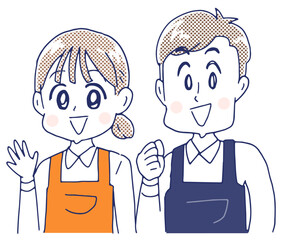 エプロンを着た女性と男性