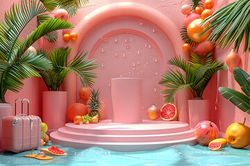 Empty stylish podium 3D mockup background for beauty product presentation. Summer transparent copy space platform surrounded by palm leaves . Cosmetics, perfume or home goods advertising stand.