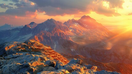 Obraz premium sunset mountainscape, with towering peaks aglow in hues of crimson and gold as the sun dips below the horizon