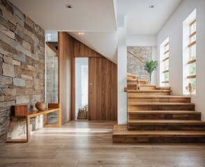 "Rustic hallway with stone cladding wall and wooden stairs. Comfortable interior design of a contemporary entry hall featuring a door

