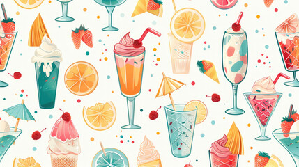 White background with a picture of summer refreshing milkshakes, ice cream and lemon slices