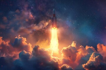 The rocket is taking off into the sky, leaving a trail of fire and smoke behind it. The rocket is surrounded by clouds.