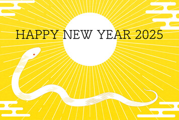 2025年巳年年賀状、初日の出と白蛇、年賀はがき素材