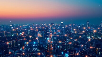 Fototapeta premium A smart city with a glowing network of lights representing the Internet of Things (IoT).