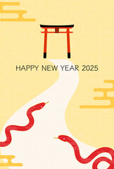 2025年巳年年賀状、初詣で神社の鳥居に向かう蛇、年賀はがき素材