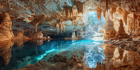 Enchanting cave interior with serene pool of water in front, creating a mesmerizing oasis in the depths