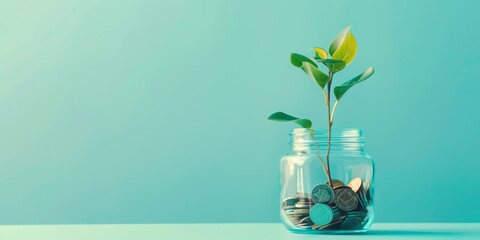 a glass jar with coins from which a green sprout grows on a blue background