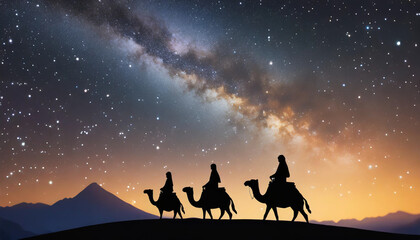 wise men on camels journeying under starry sky towards baby Jesus, depicting the biblical nativity scene