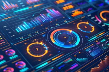 Obraz premium The image is a futuristic dashboard with various gauges, graphs, and readouts. It is likely a control panel for a complex system.