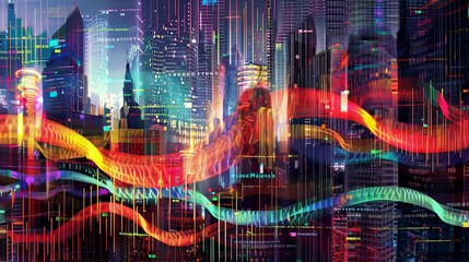 The image is an abstract painting of a city at night