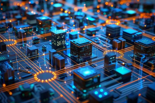 The image is of a circuit board with blue and orange lights. It could be used to represent a number of different things, such as a computer, a network, or the internet.