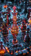 Virtual chess pieces on a digital board, holographic chess background
