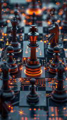Virtual chess pieces on a digital board, holographic chess background
