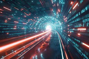 The image shows a futuristic tunnel with glowing blue and red lights. The tunnel is surrounded by a digital landscape with binary code.