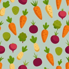 Fototapeta premium Seamless pattern of harvest vegetables like carrots, beets, and potatoes arranged in a farmer's market display, Generative AI