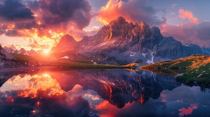 sunset mountainscape, with rugged peaks towering above a tranquil alpine lake