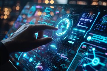 The image shows a person using a futuristic touch screen interface.