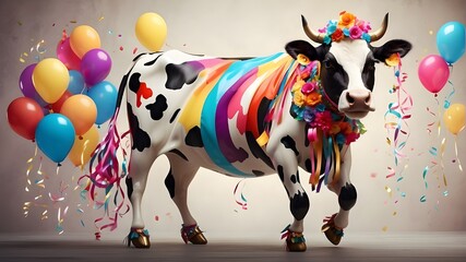 cow on a meadow, A whimsical cow adorned with colorful balloons and streamers, its hooves tapping to the beat of a lively parade, its tail swishing with excitement.