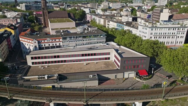 Aerial drone view of Bermudadreieck in Bochum , Germany . Bermuda3Eck (Bermuda Triangle) is the designation for an area in the center of Bochum, Germany, with a high density of bars and restaurants 