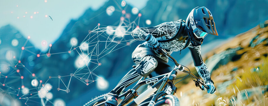 A cybernetic visualization of a mountain biker enhanced with digital overlays, emphasizing the biomechanics of extreme sports. - Powered by Adobe