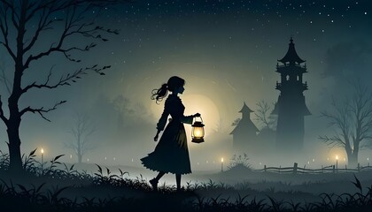 Storybook illustration of A silhouette ponytail girl holding a lit lantern trekking alone in a foggy field at night, Generative AI