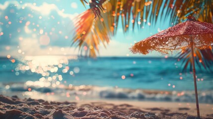 Idyllic Beach Scene with Umbrella and Sunset
