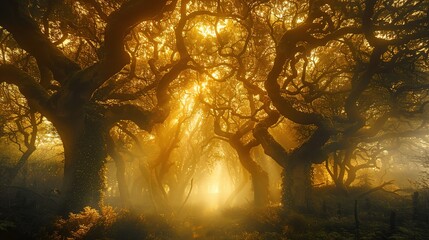 forest background with ancient trees cloaked in mist