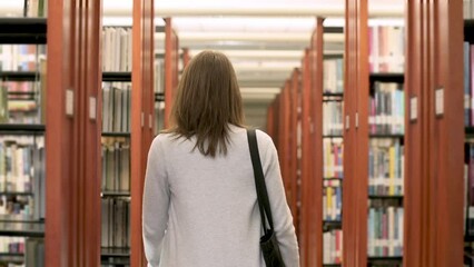 A student is depicted from behind as she walks down an aisle surrounded by towering shelves of books in a university library, symbolizing the pursuit of knowledge and the extensive academic resources 