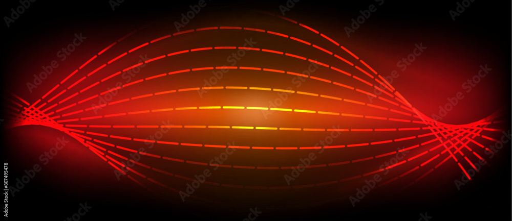 Poster a vivid red and yellow wave on a black background resembling a celestial object or a lens flare, cre