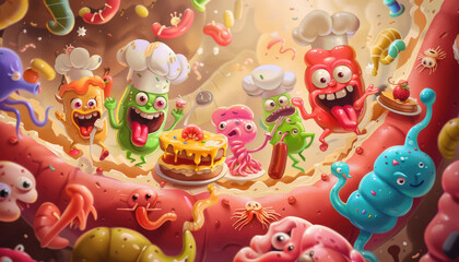 Illustration of cute cartoon bacteria wearing chef hats, cooking in an oversized kitchen inside the human stomach walls. The scene includes various food items