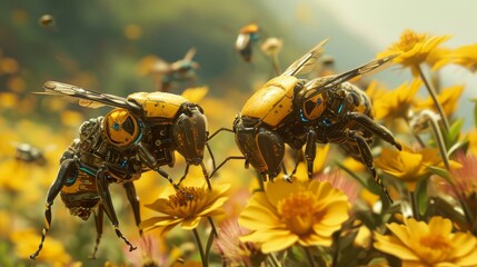 Robot bees actively pollinate flowers, efficiently buzzing among blossoms, Ai Generated