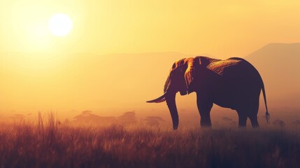 A silhouette of an elephant in the African savannah, set against a vivid sunset, Ai Generated