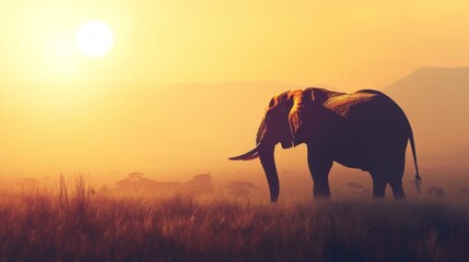 Fototapeta premium A silhouette of an elephant in the African savannah, set against a vivid sunset, Ai Generated