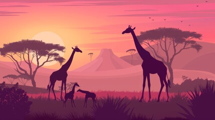 A silhouette of giraffes in the African savannah, with a stunning sunset in the background, Ai Generated