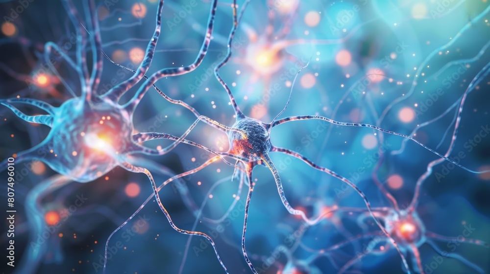 Poster glowing neuron cells with connections on abstract backdrop. ai generated