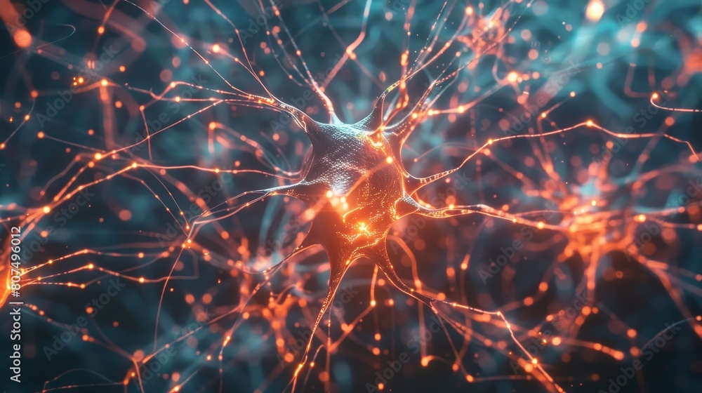 Poster glowing neuron cells with connections on abstract backdrop. ai generated