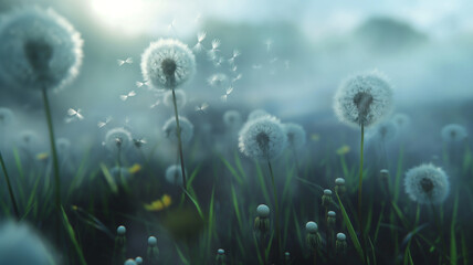 dandelion flowers in the morning dew