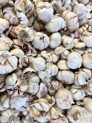 Groups of white garlic bulbs and pieces. Raw food cooking ingredients spice isolated on full frame vertical ratio background in market stall display.