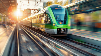 Naklejka premium Speeding tram racing through the city at dusk