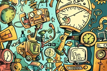 Cartoon cute doodles of a quirky inventor building a time-traveling device out of household objects, leading to hilarious and unexpected, Generative AI