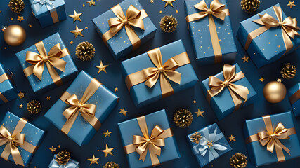 blue gifts with golden bows and ribbons placed on blue background near stars