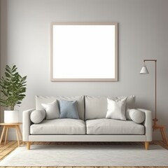 1 x blank white frame in a symmetrical livingroom 3d mock up,grey colours