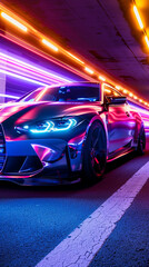 High speed racing sportscar on neon background