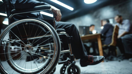 Obraz premium A businessman in a wheelchair is meeting with the team in the office