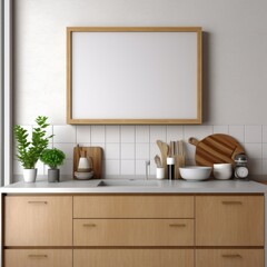 Blank brown wooden frame on a  kitchen wall 3d mock up, grey brown colours